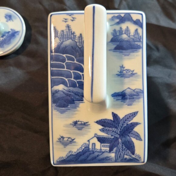 Vintage Porcelain Square-Shaped Chinese Teapot w/ Asian Scenery - Picture 7 of 7